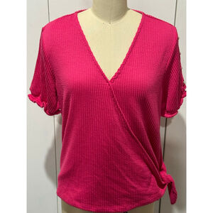 Women's COMO BLACK bright Pink Short Sleeve ribbed side tie pearl trim top XL